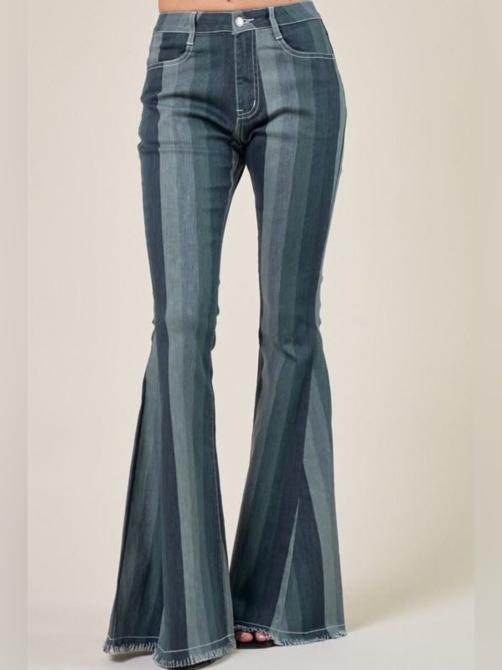 Striped High-Rise Flared Jeans - Blue
